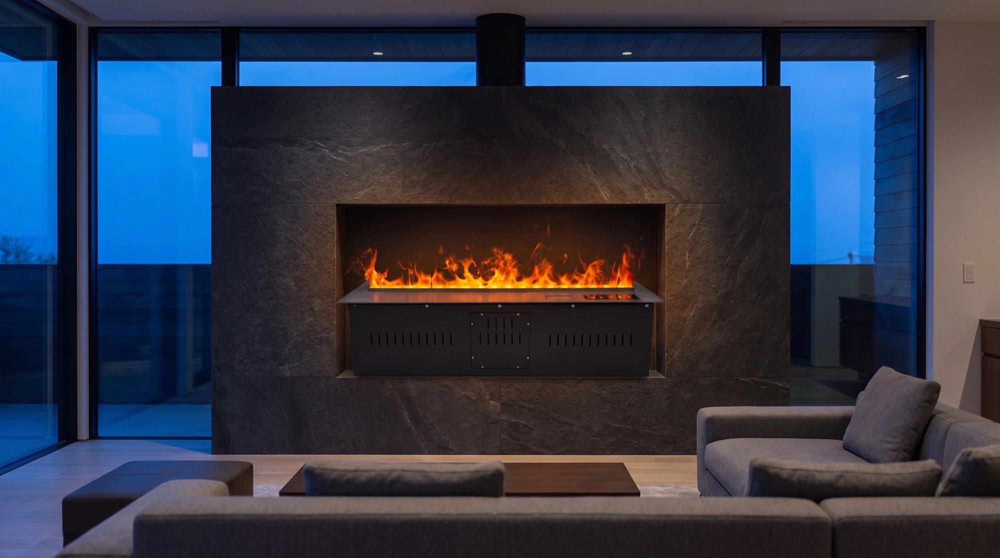 Blue Hour decorative water-vapor fireplace in a dark interior